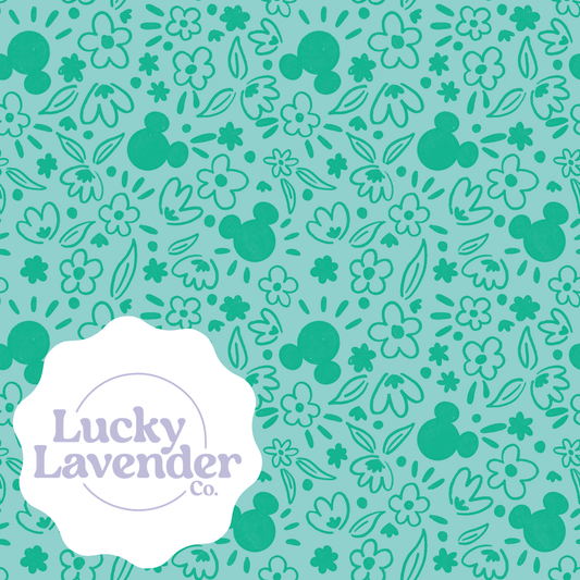 Mouse Florals Seamless Pattern - Turquoise/Kelly