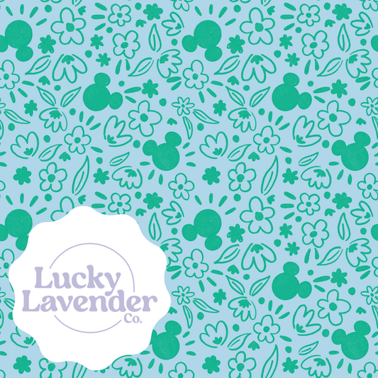 Mouse Florals Seamless Pattern - Blue/Green